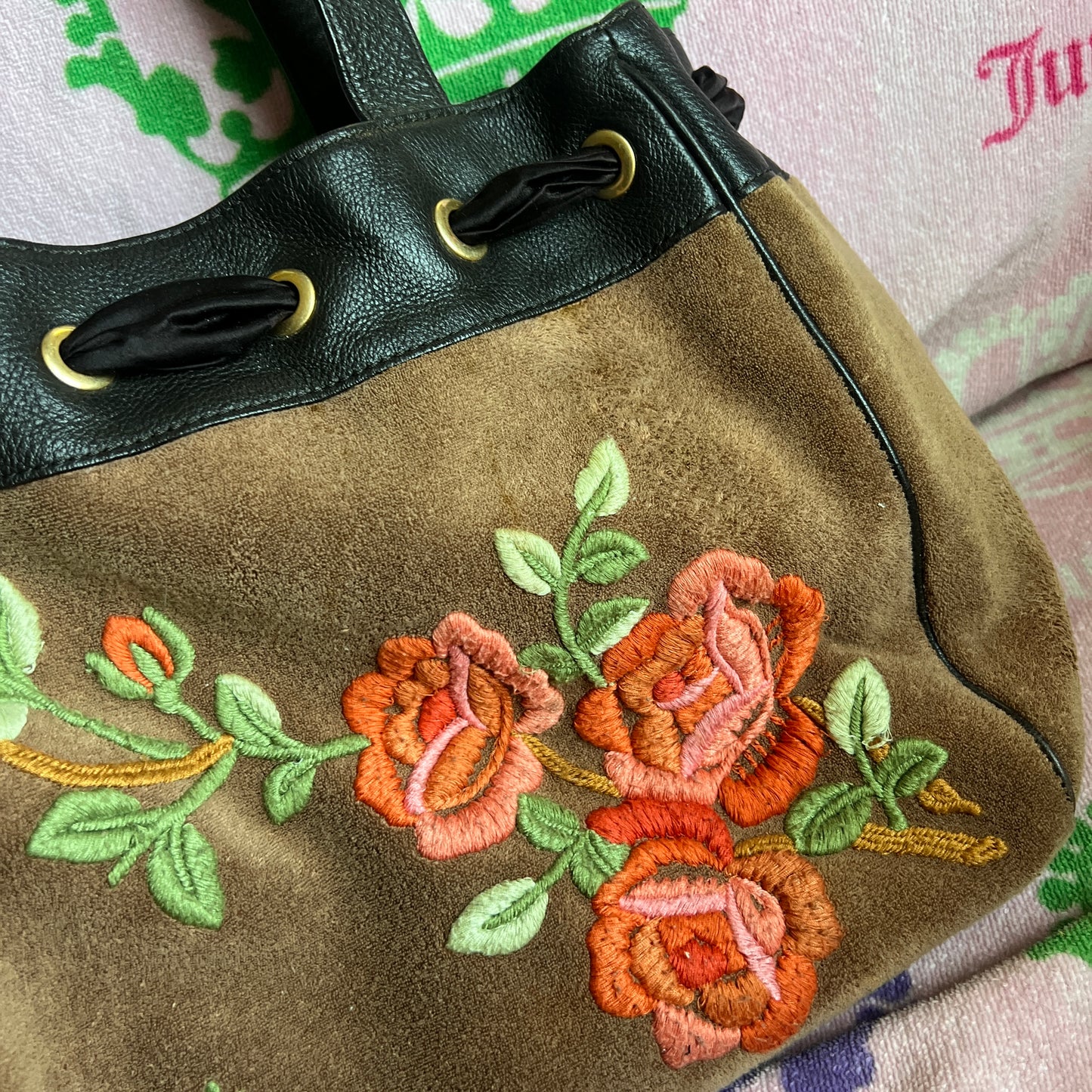 Vintage Brown Juicy Couture Purse Handbag Tote Bag Daydreamer Floral Terry Cloth