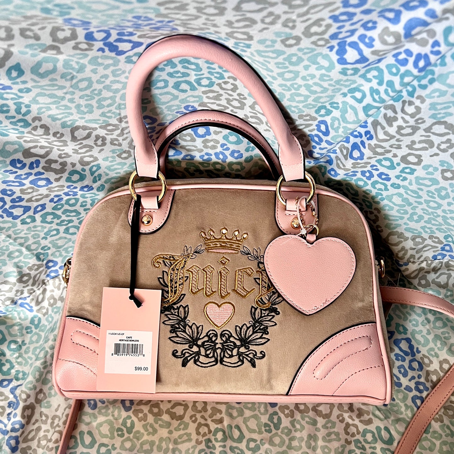 New Pink Tan Juicy Couture Purse Bag Satchel Crossbody Bag Velour Vintage Style