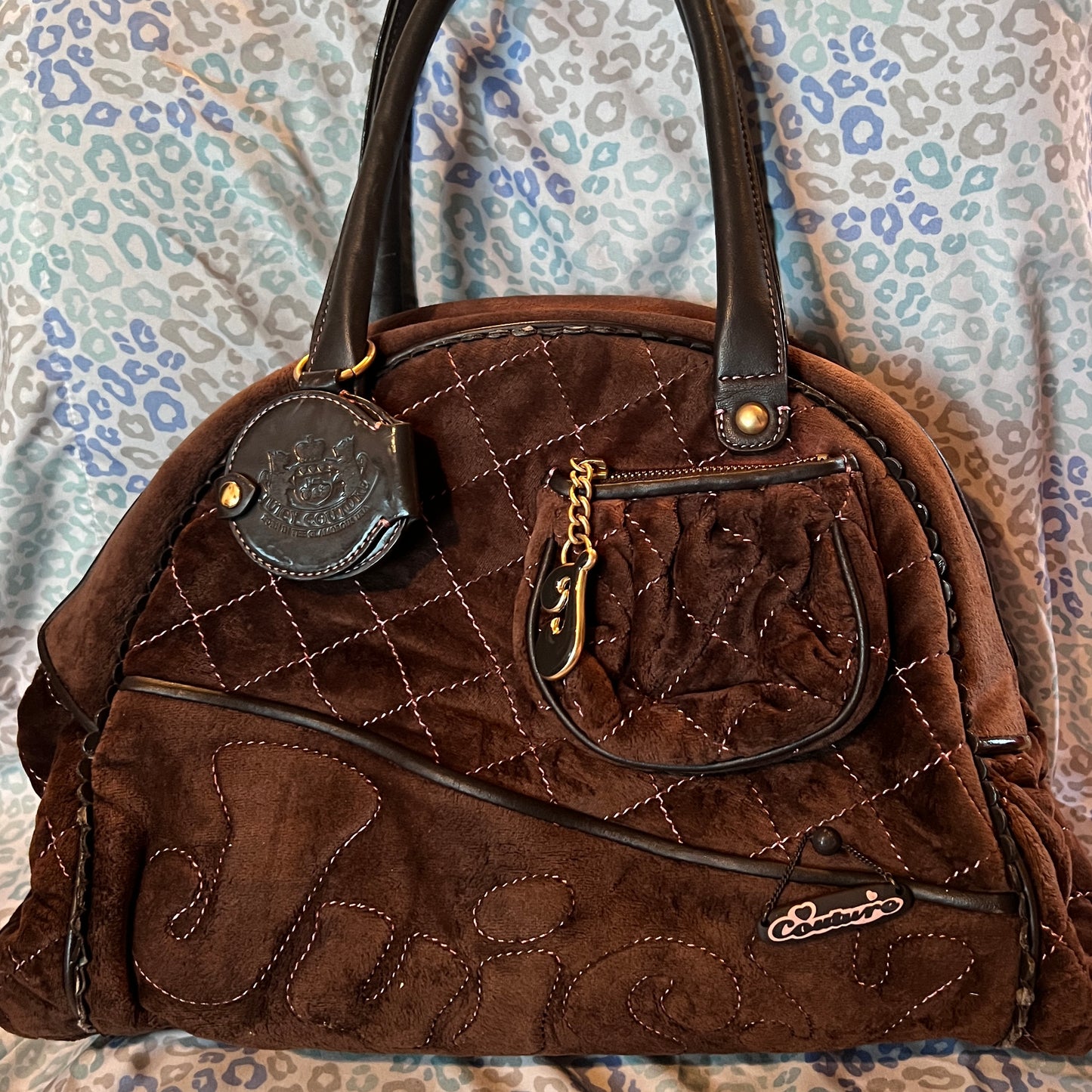 Vintage Dark Brown Juicy Couture Bowler Bag Travel Purse XL Size Velour Duffel