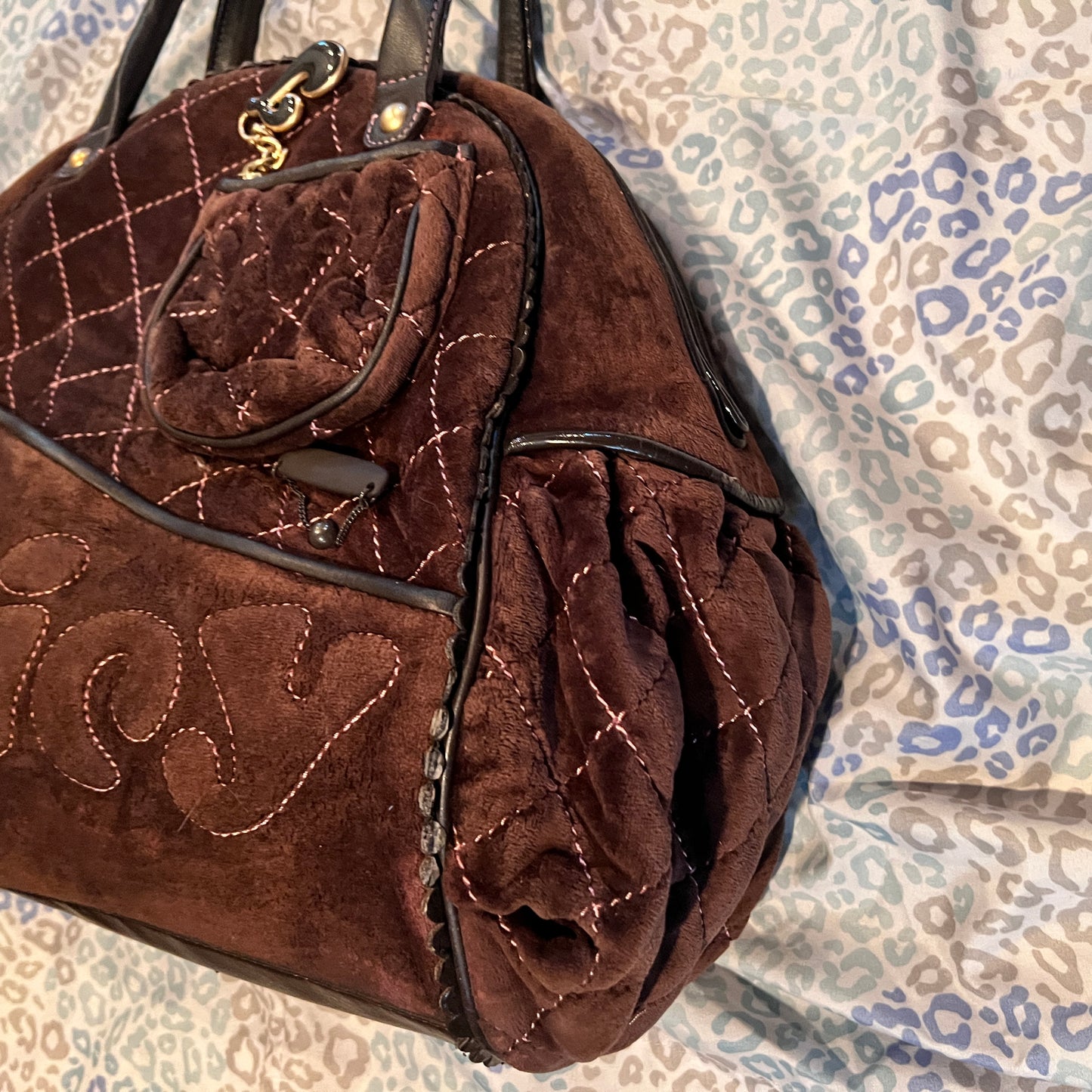 Vintage Dark Brown Juicy Couture Bowler Bag Travel Purse XL Size Velour Duffel