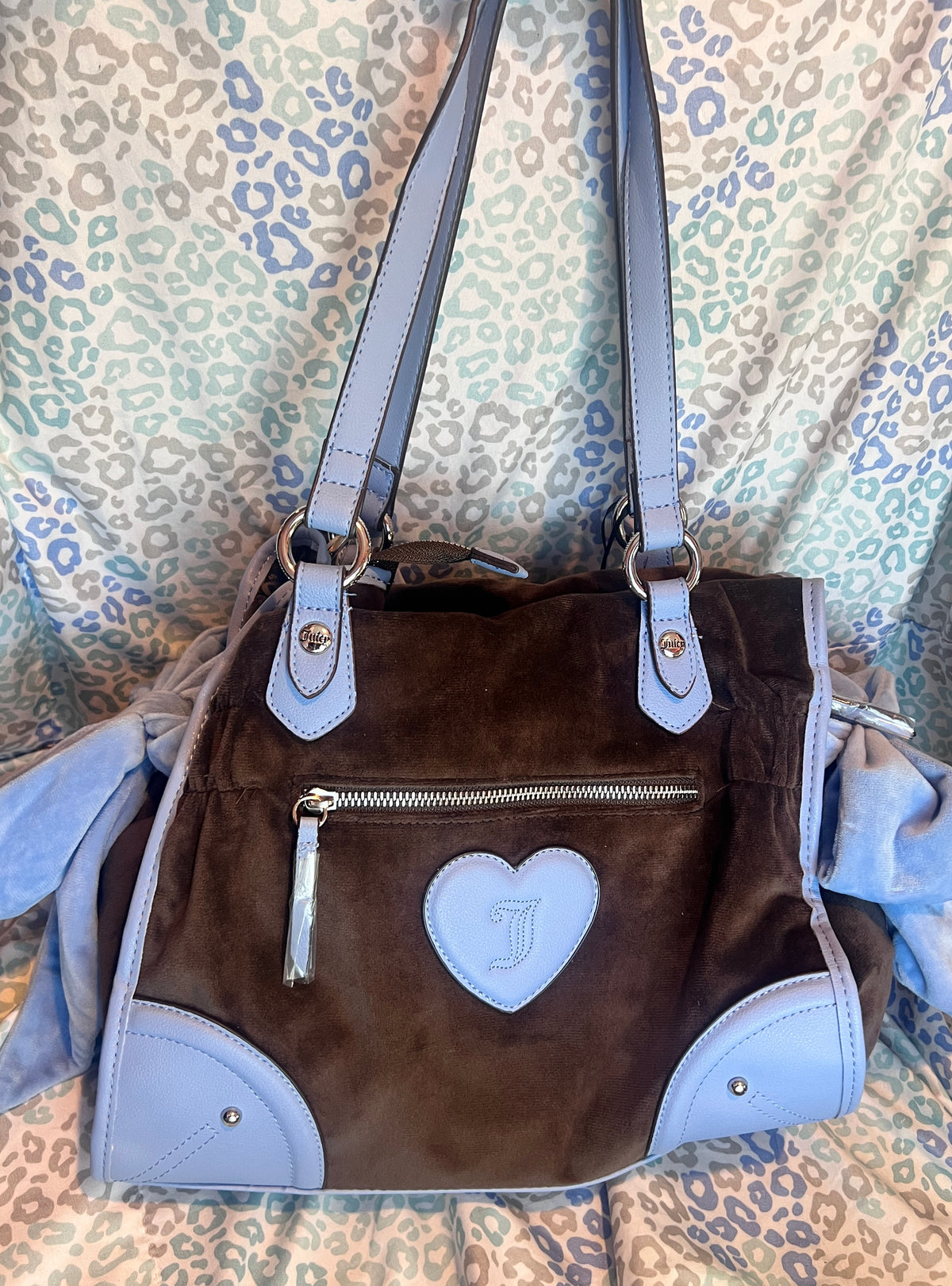 New Brown Blue Juicy Couture Princess Tote Shoulder Handbag Y2K Bow Velour Purse