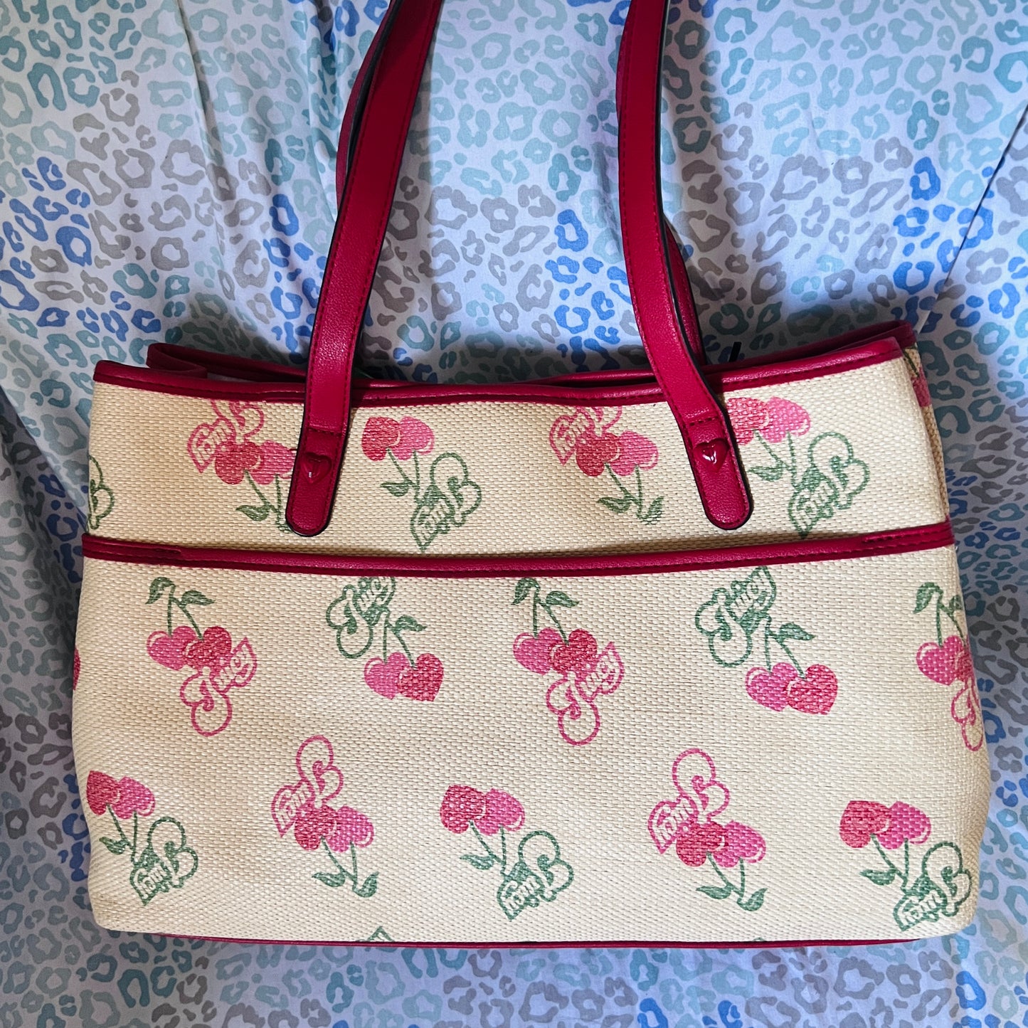 New Red Tan Juicy Couture Cherry Tote Bag Purse Handbag Vintage Style Straw Bag