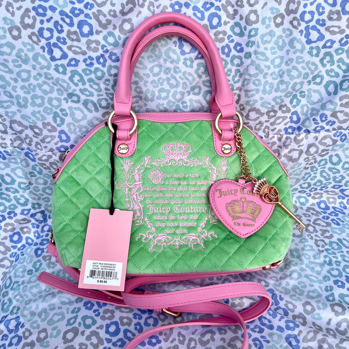 New Pink Green Juicy Couture Purse Fairy Tale Bag Velour Vintage Style Handbag