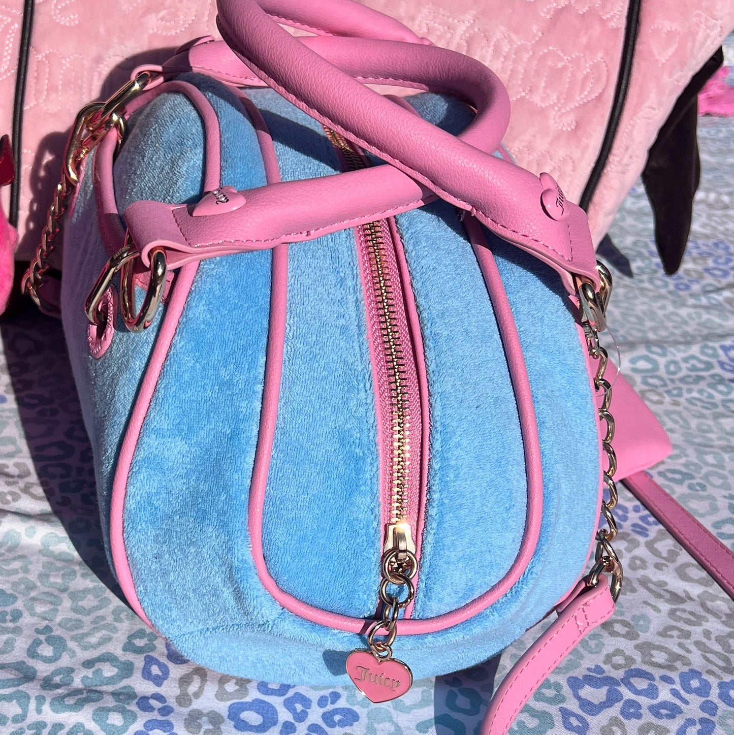 New Blue Juicy Couture Purse Bowler Bag Handbag Satchel Strawberry Terry Cloth