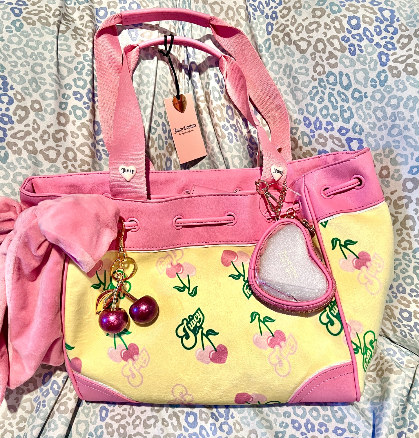 New Pink Yellow Juicy Couture Purse + Charms Cherry Daydreamer Tote Bag Handbag