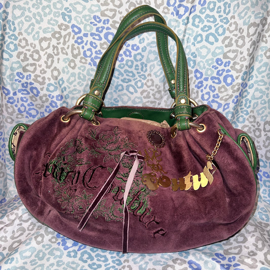 Vintage Green Purple Juicy Couture Purse Satchel Bag Handbag Velvet Y2K