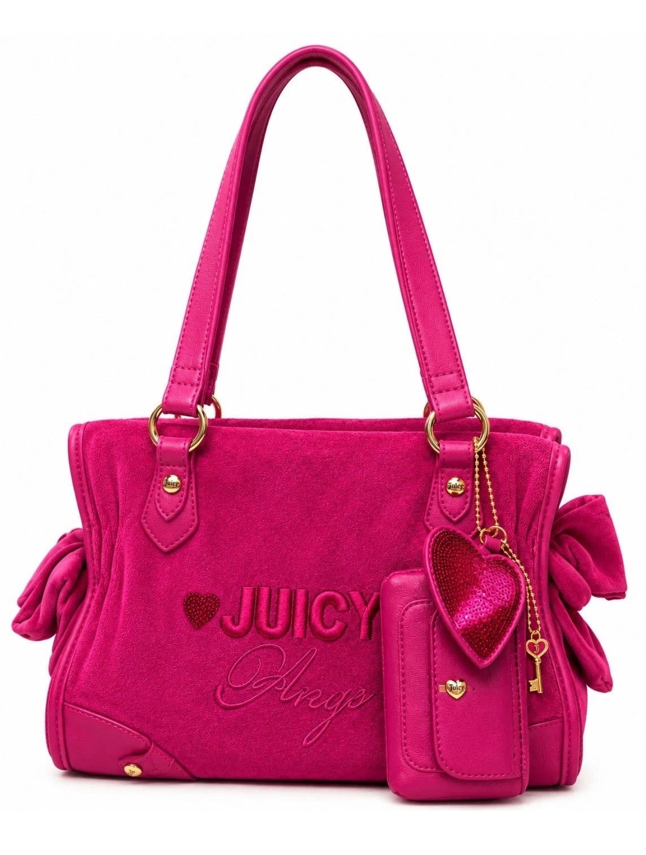 New Pink Juicy Couture Tote Bag Purse Satchel Zip Heart Charm Pouch Juicy Angel