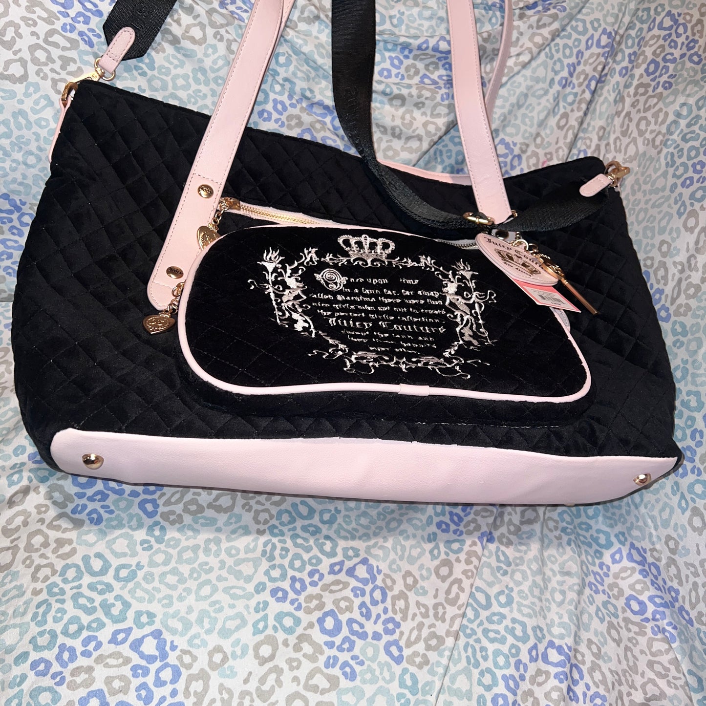 New Black Juicy Couture Purse XL Tote Travel Bag Vintage Style Velvet Fairy Tale