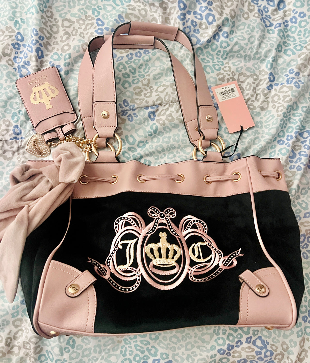 New Pink Black Juicy Couture Purse Daydreamer Velour Shoulder Bag Tote + Wallet