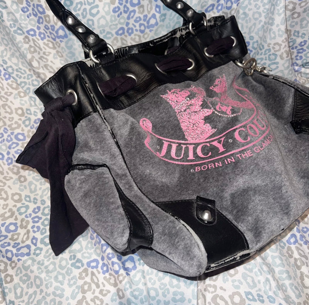 Vintage Pink Grey Juicy Couture Tote Bag Purse Handbag Velour Scottie Daydreamer