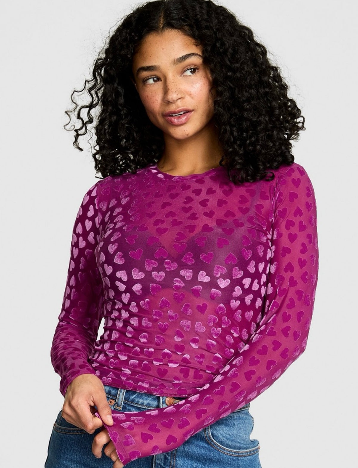 New Small Victoria’s Secret PINK Shirt Base Stretch Long-Sleeve Tee Hearts Top