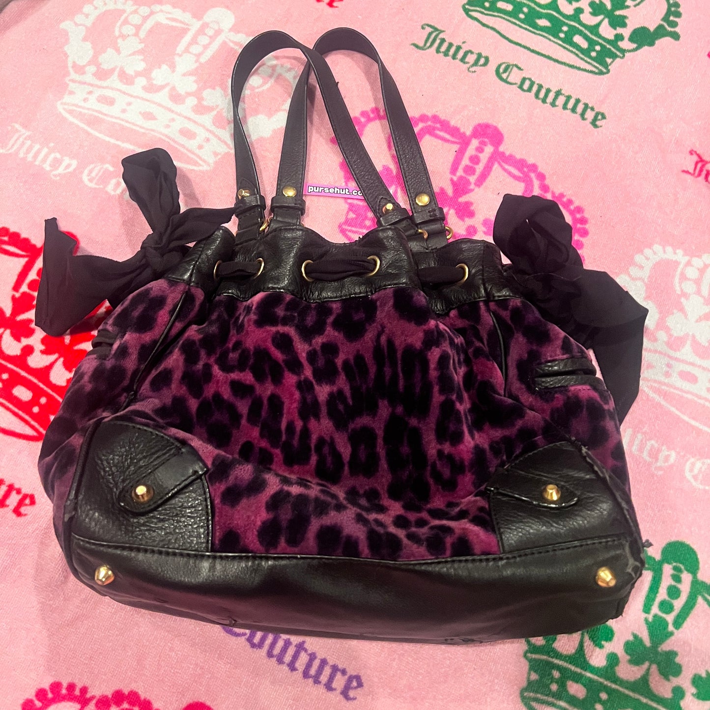 Vintage Black Pink Juicy Couture Purse Tote Bag Handbag Daydreamer  Velour Y2K Cheetah