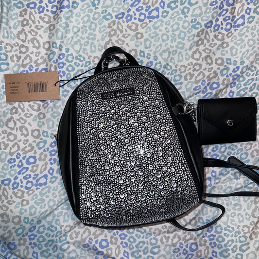 New Black Steve Madden Mini Backpack + Wallet NWT Purse Bag Handbag Rhinestones