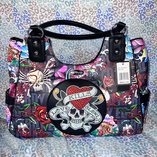 New Black ED HARDY Purse Tote Bag Love Kills Slowly Tattoo Skull Heart NWT Y2K