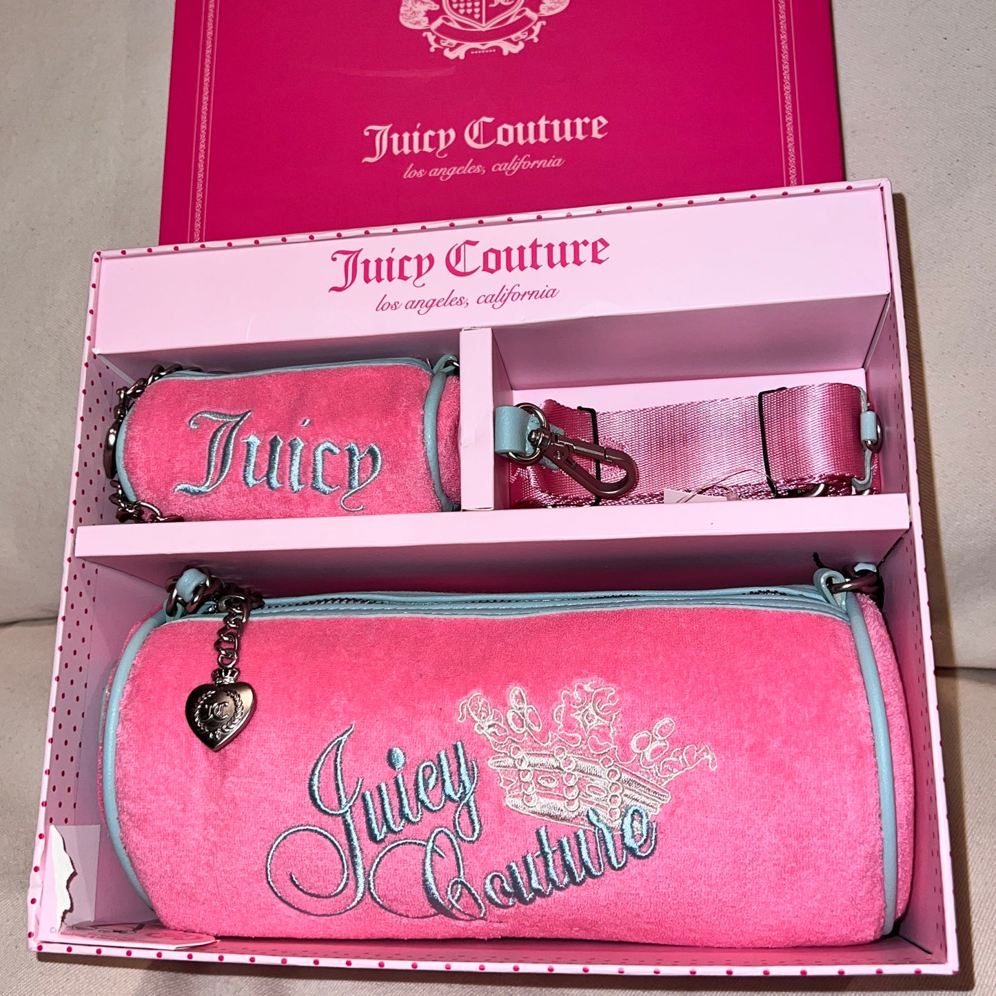 New Pink Juicy Couture Handbag Barrel Bag Heritage Purse Set of 2 Vintage Style