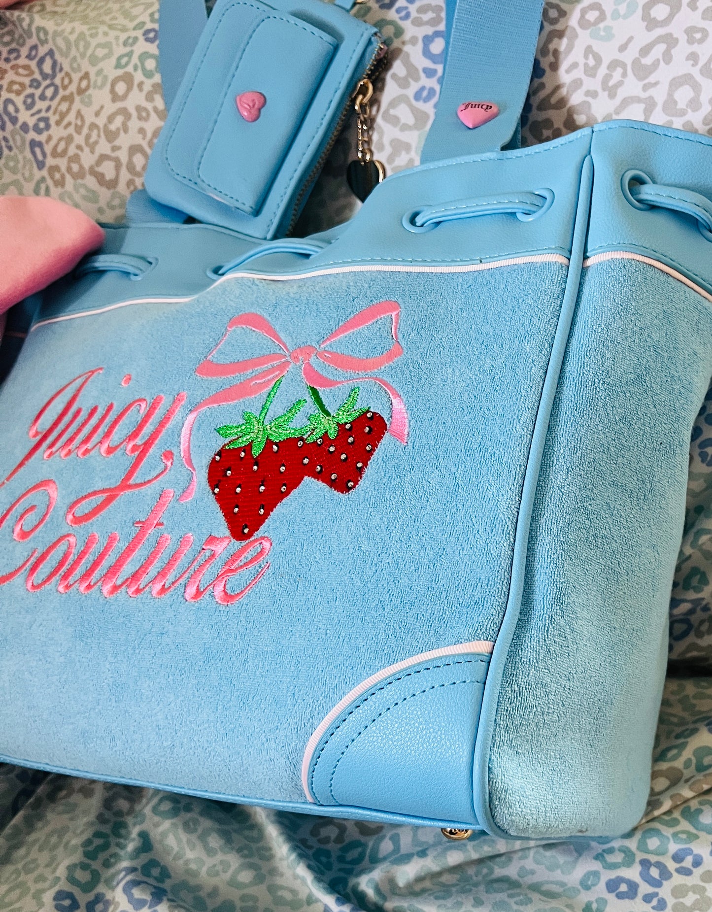 New Blue Juicy Couture Purse Handbag Daydreamer Tote Bag Strawberry Terry Cloth