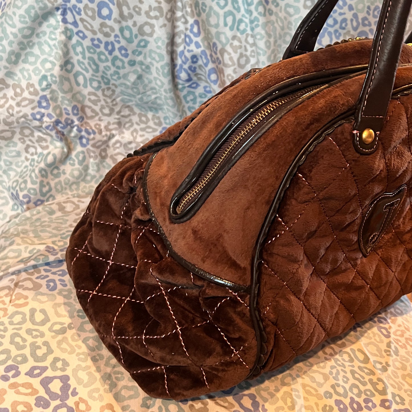 Vintage Dark Brown Juicy Couture Bowler Bag Travel Purse XL Size Velour Duffel
