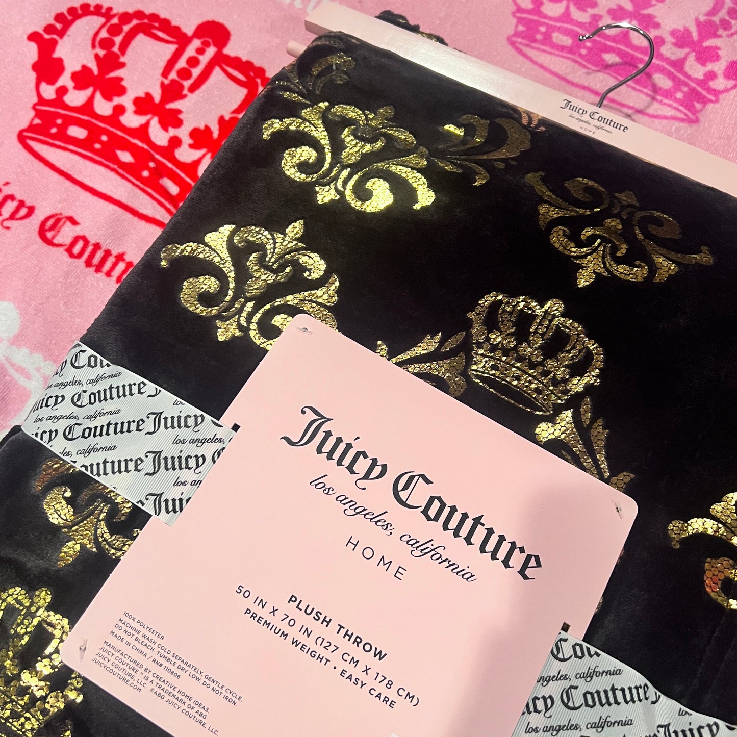 New Gold Black Juicy Couture Blanket Plush Throw 50 x 70 inch Queen of Couture