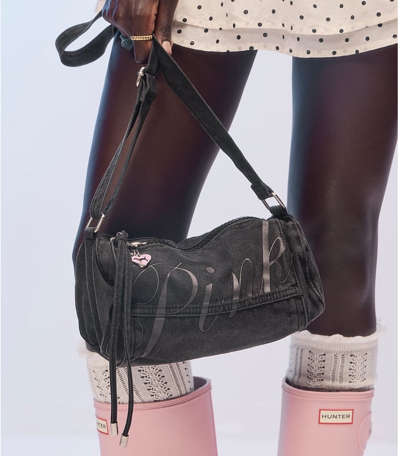 New VS Pink Black Canvas Rolled Mini Duffle Shoulder Bag Crossbody Viral