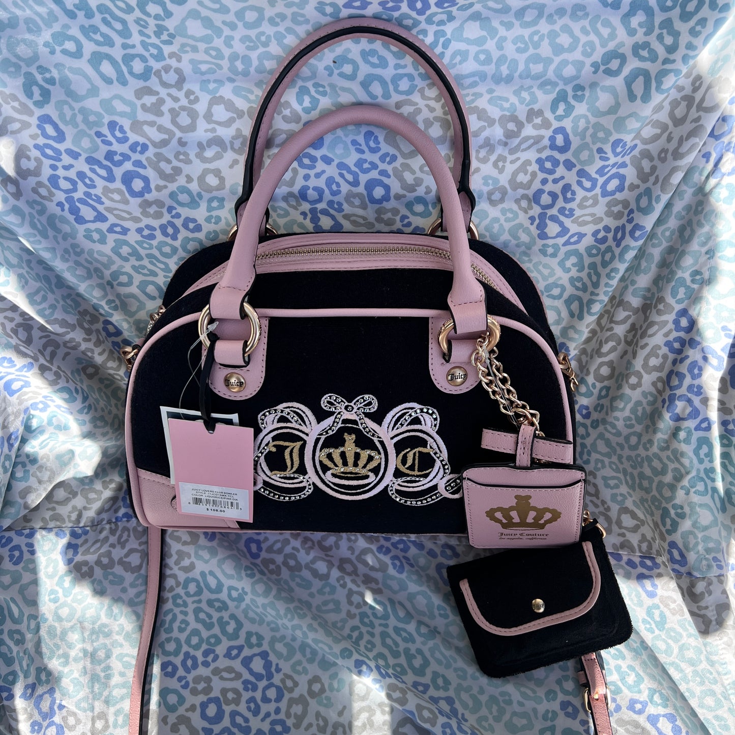 New Black Pink Juicy Couture Purse + Wallet NWT Handbag Terry Cloth Bowler Bag