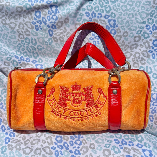 Vintage Red Orange Juicy Couture Barrel Bag Purse Handbag Terry Cloth Scottie