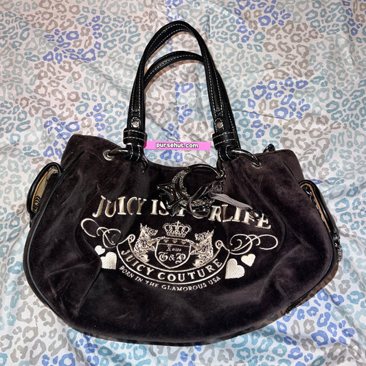 Vintage Black Juicy Couture Purse Handbag Tote Bag Velour Y2K JUICY IS FOR LIFE