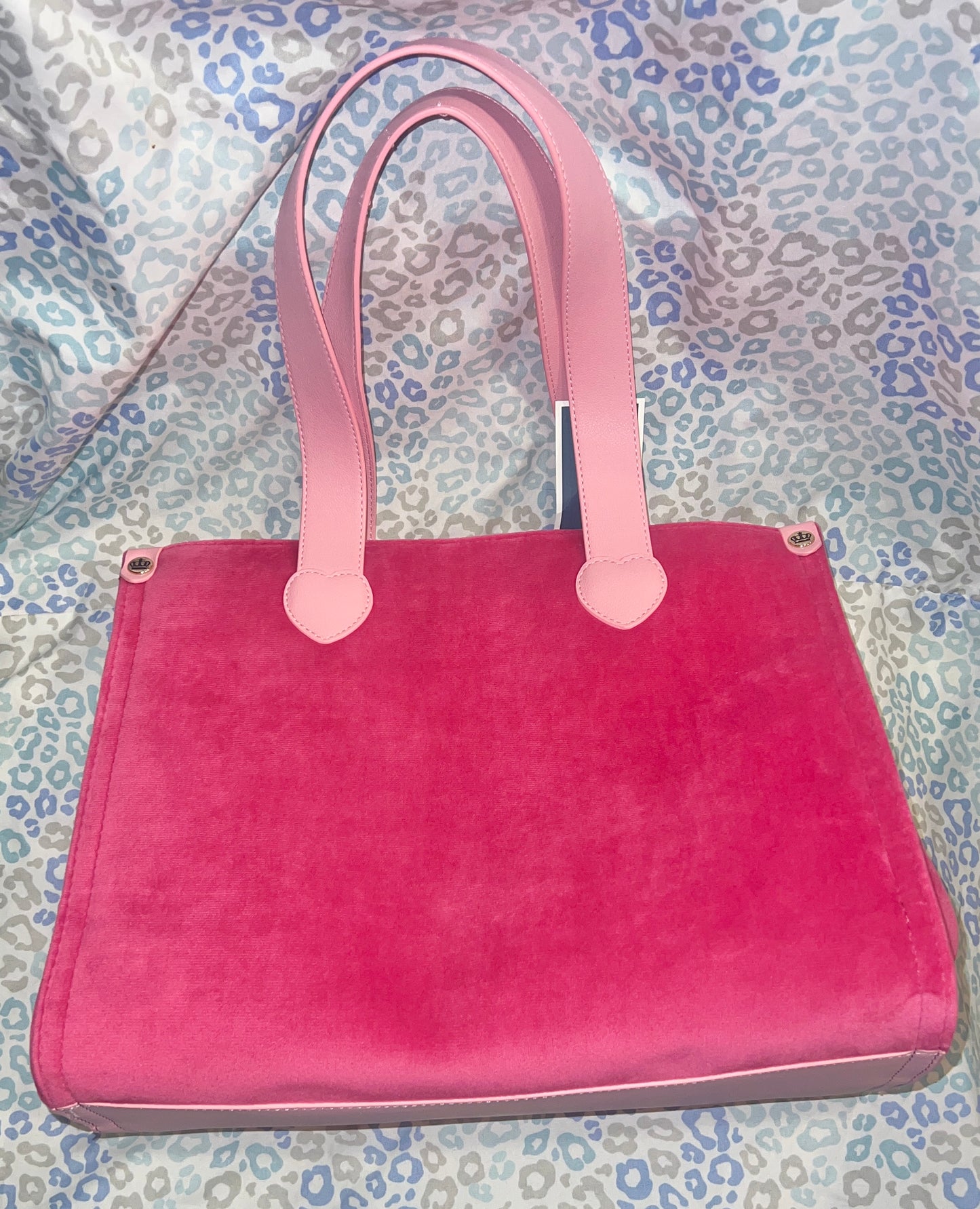 New Pink Juicy Couture Tote Bag Purse Patch Work Handbag Velour + Mini Bag Charm