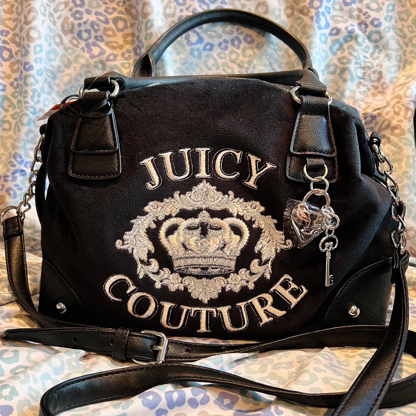 New Black Juicy Couture Purse Handbag Satchel Bag Crown Velour Vintage Style