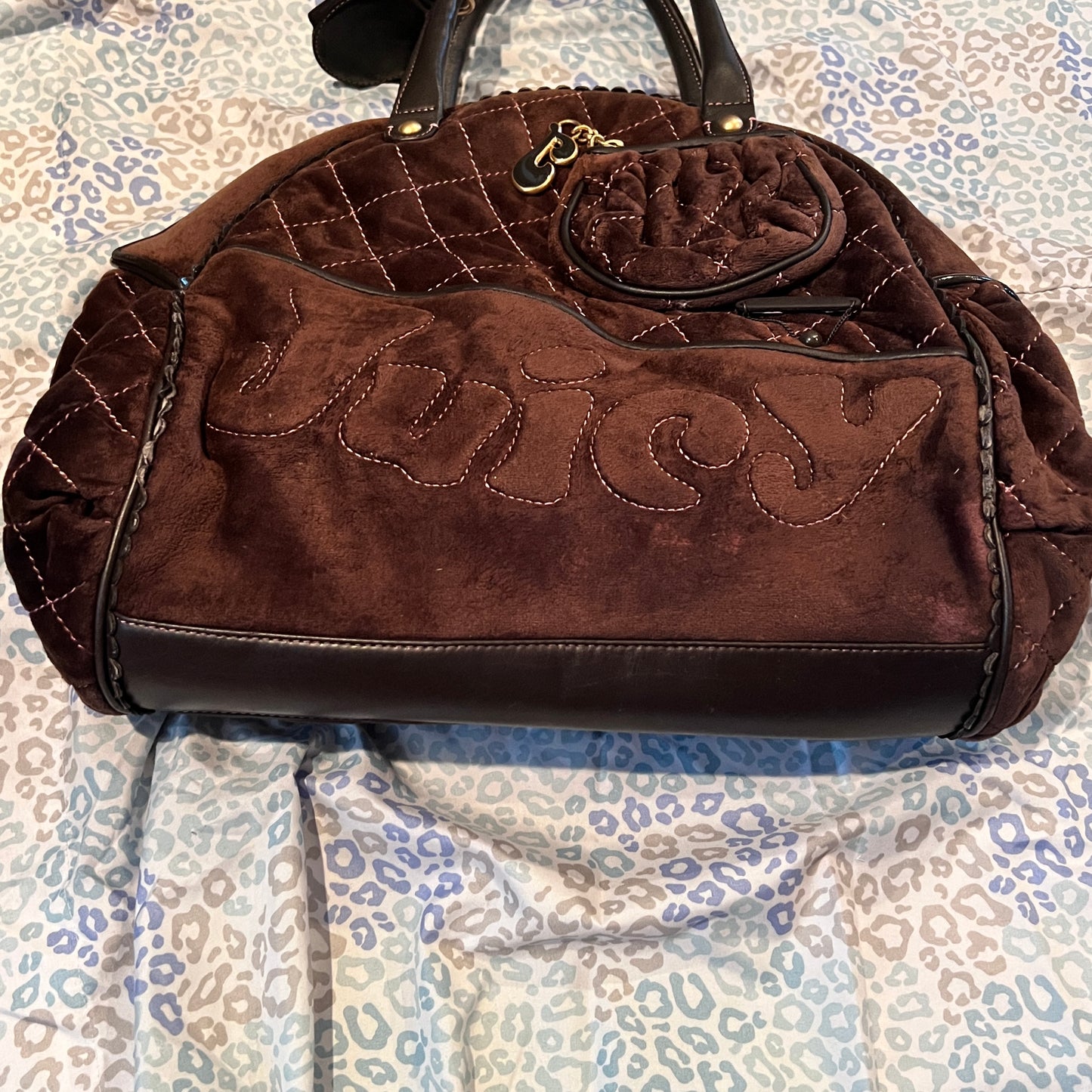 Vintage Dark Brown Juicy Couture Bowler Bag Travel Purse XL Size Velour Duffel