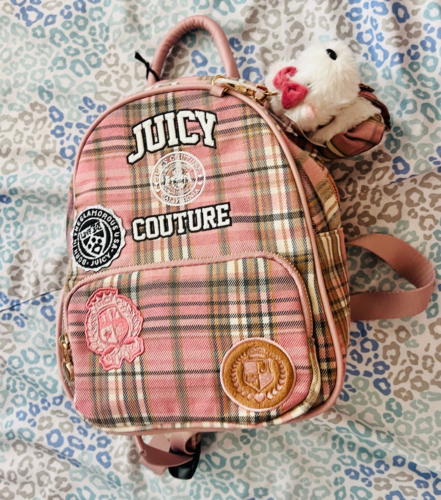 New Pink Plaid Juicy Couture Backpack Purse Bag Dog Charm Patch Work