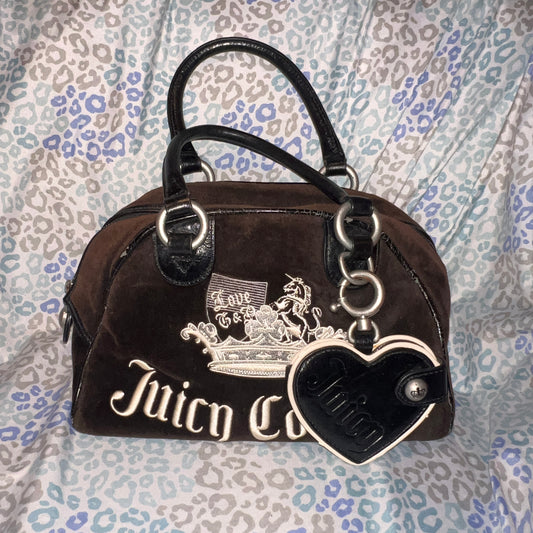 Vintage Dark Brown Juicy Couture Purse Bowler Bag Handbag Satchel Velour Y2K