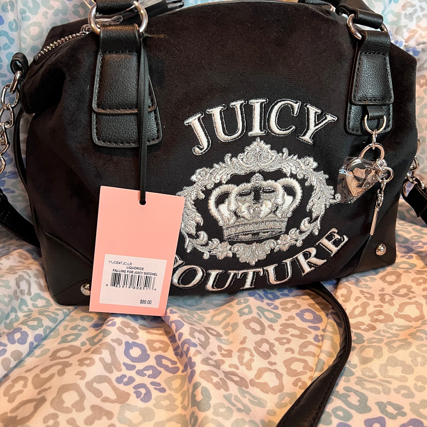New Black Juicy Couture Purse Handbag Satchel Bag Crown Velour Vintage Style