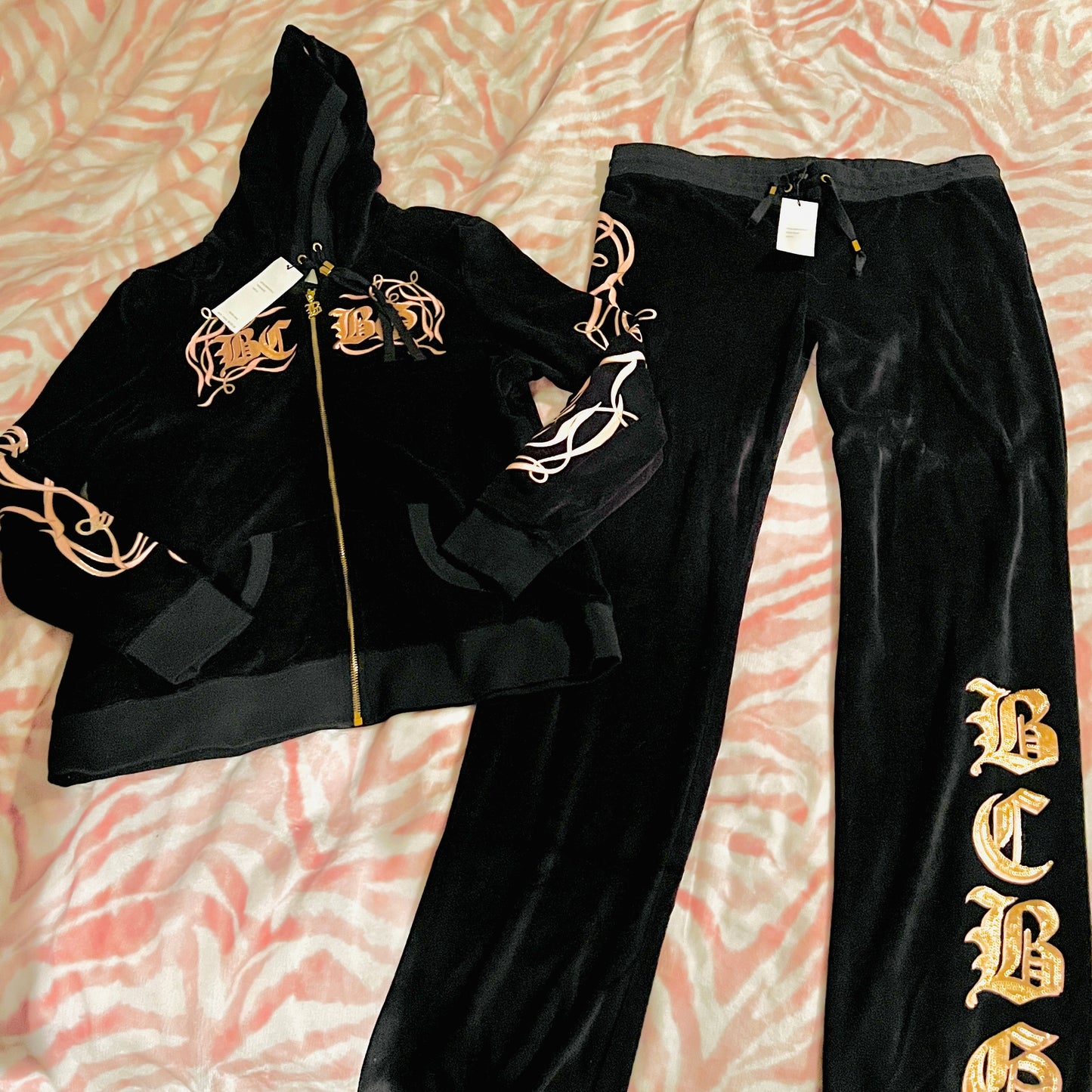 New XL Gold Black BCBG 2-Piece Tracksuit Jacket + Track Pants Set MSRP $160