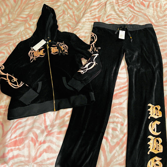 New XL Gold Black BCBG 2-Piece Tracksuit Jacket + Track Pants Set MSRP $160