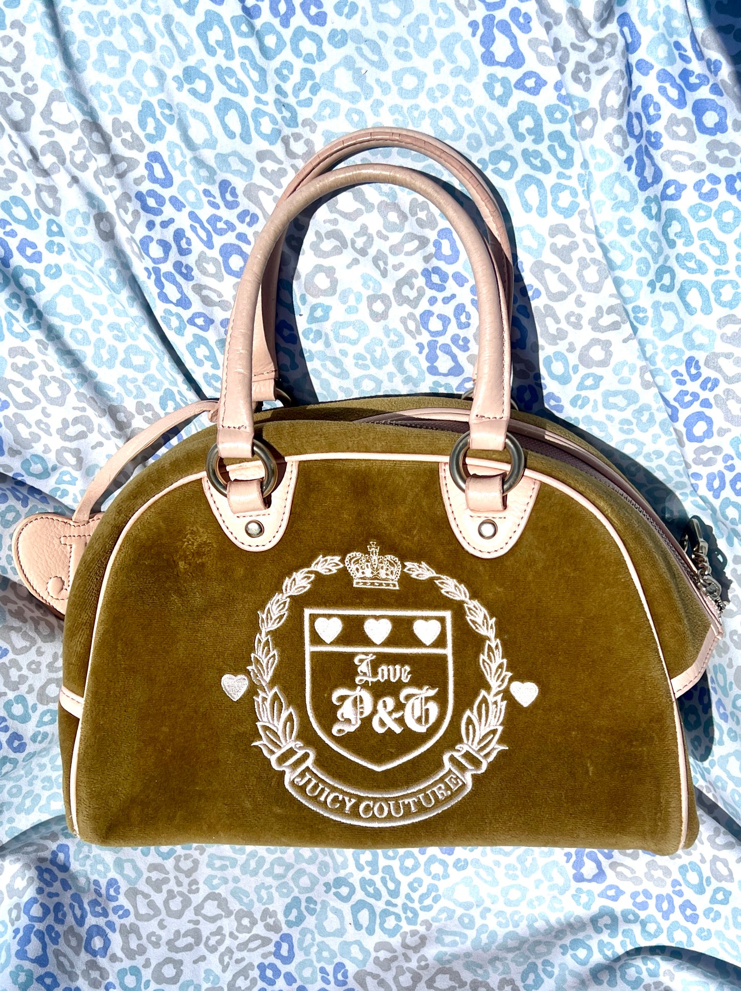Vintage Olive Green Juicy Couture Purse Velvet Bowler Bag Satchel Handbag Y2K