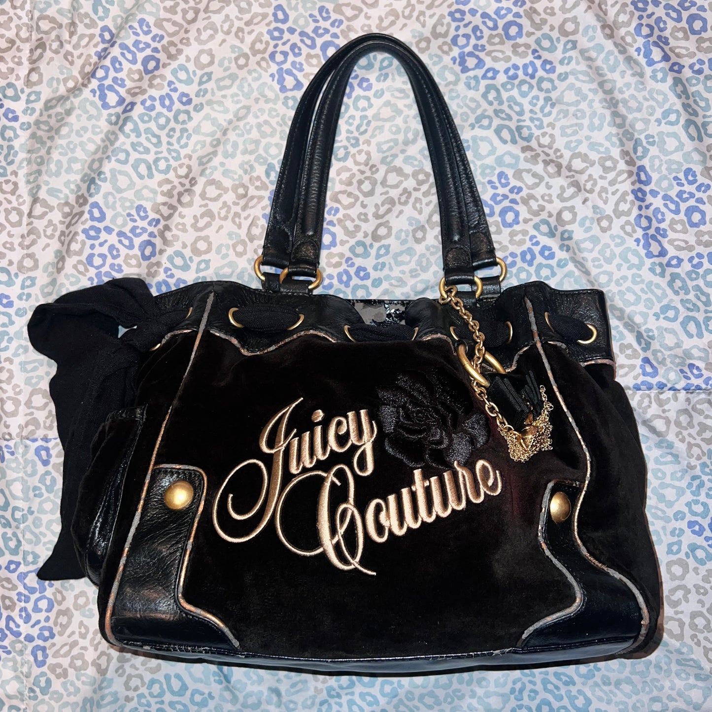 Vintage Black Juicy Couture Purse Tote Bag Handbag Daydreamer Velour Floral Y2K