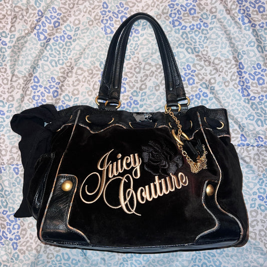 Vintage Black Juicy Couture Purse Tote Bag Handbag Daydreamer Velour Floral Y2K