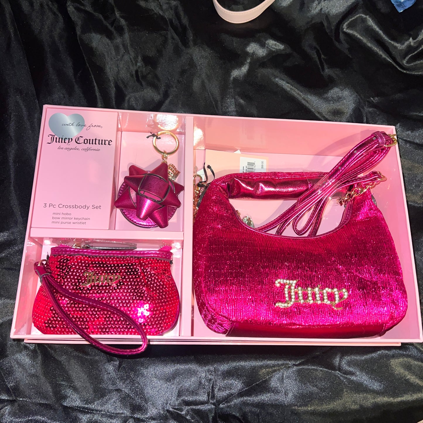 New Pink Juicy Couture Crossbody Bag Purse Handbag + Pouch + Charm Gift Set