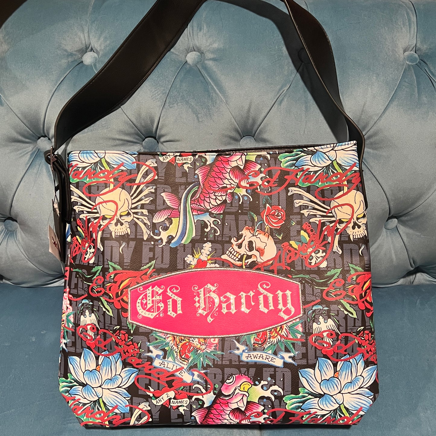 New Large Black ED HARDY Purse + Pouch NWT Tote Bag Tattoo Skull Heart Y2K