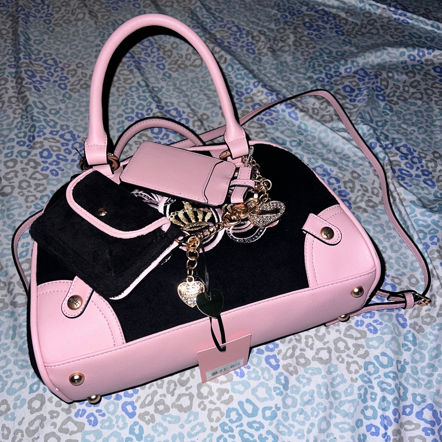 New Black Pink Juicy Couture Purse + Wallet NWT Handbag Terry Cloth Bowler Bag