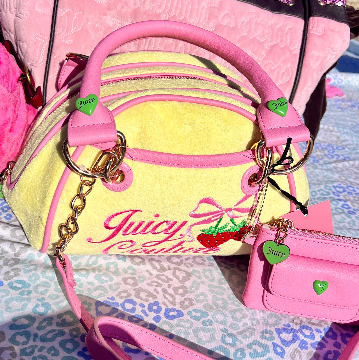 New Yellow Juicy Couture Purse Bowler Bag Handbag Satchel Strawberry Terry Cloth