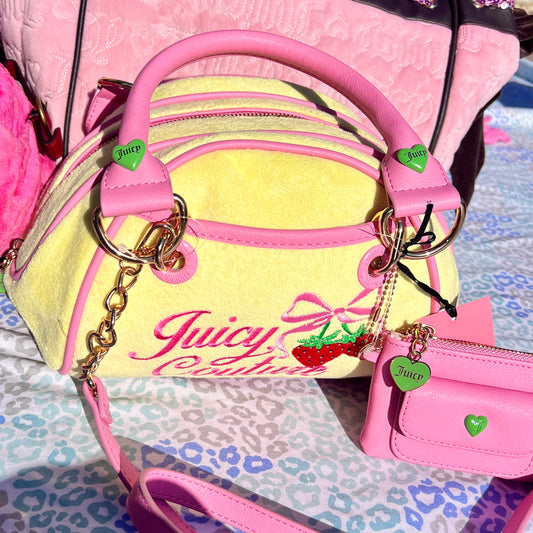 New Yellow Juicy Couture Purse Bowler Bag Handbag Satchel Strawberry Terry Cloth