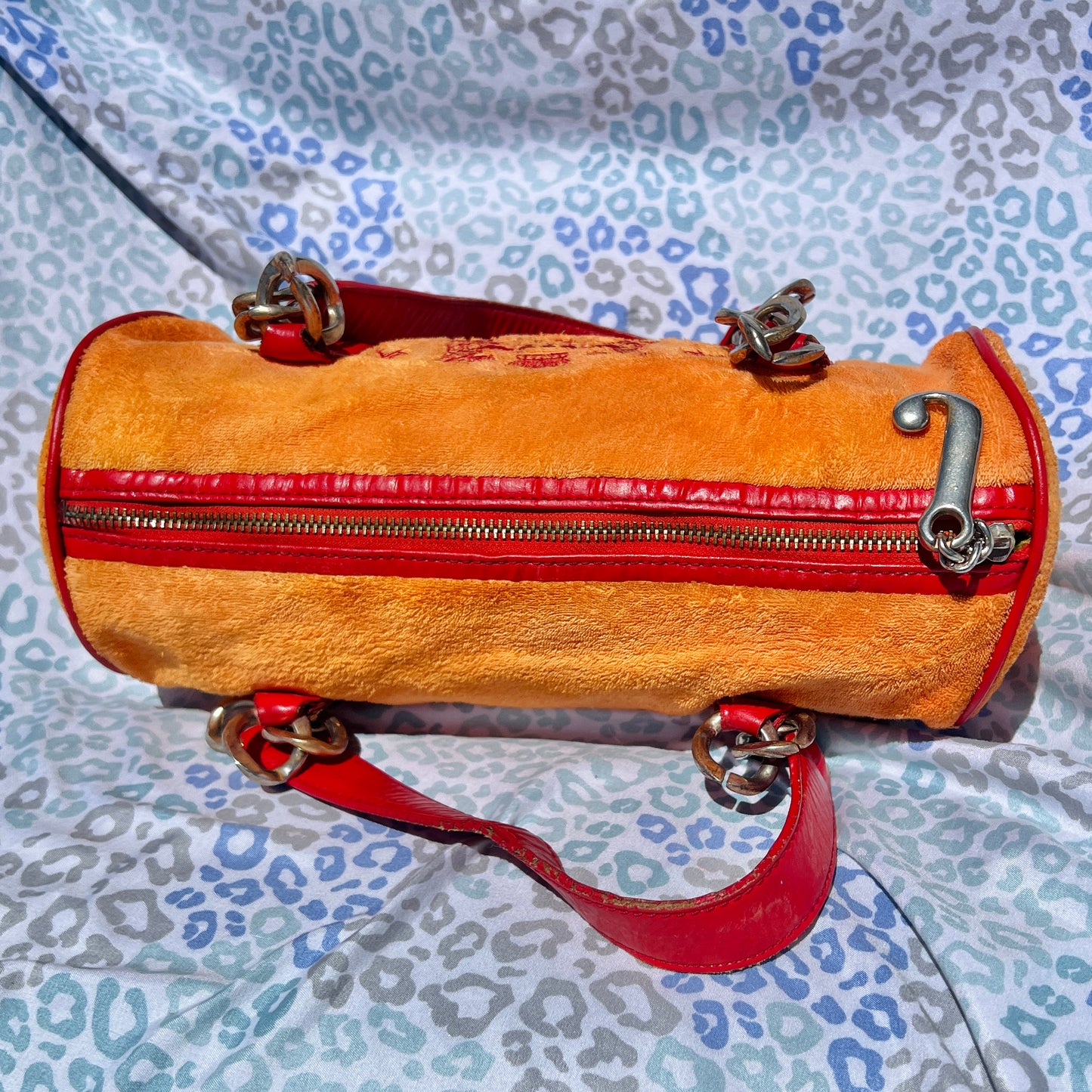 Vintage Red Orange Juicy Couture Barrel Bag Purse Handbag Terry Cloth Scottie