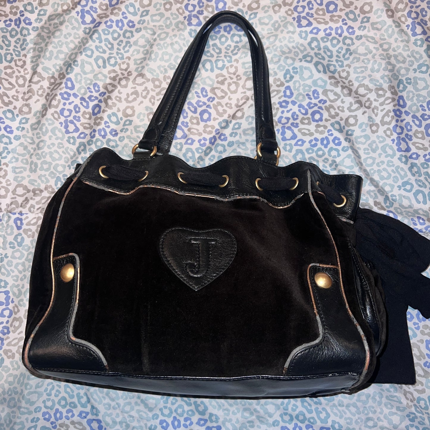 Vintage Black Juicy Couture Purse Tote Bag Handbag Daydreamer Velour Floral Y2K