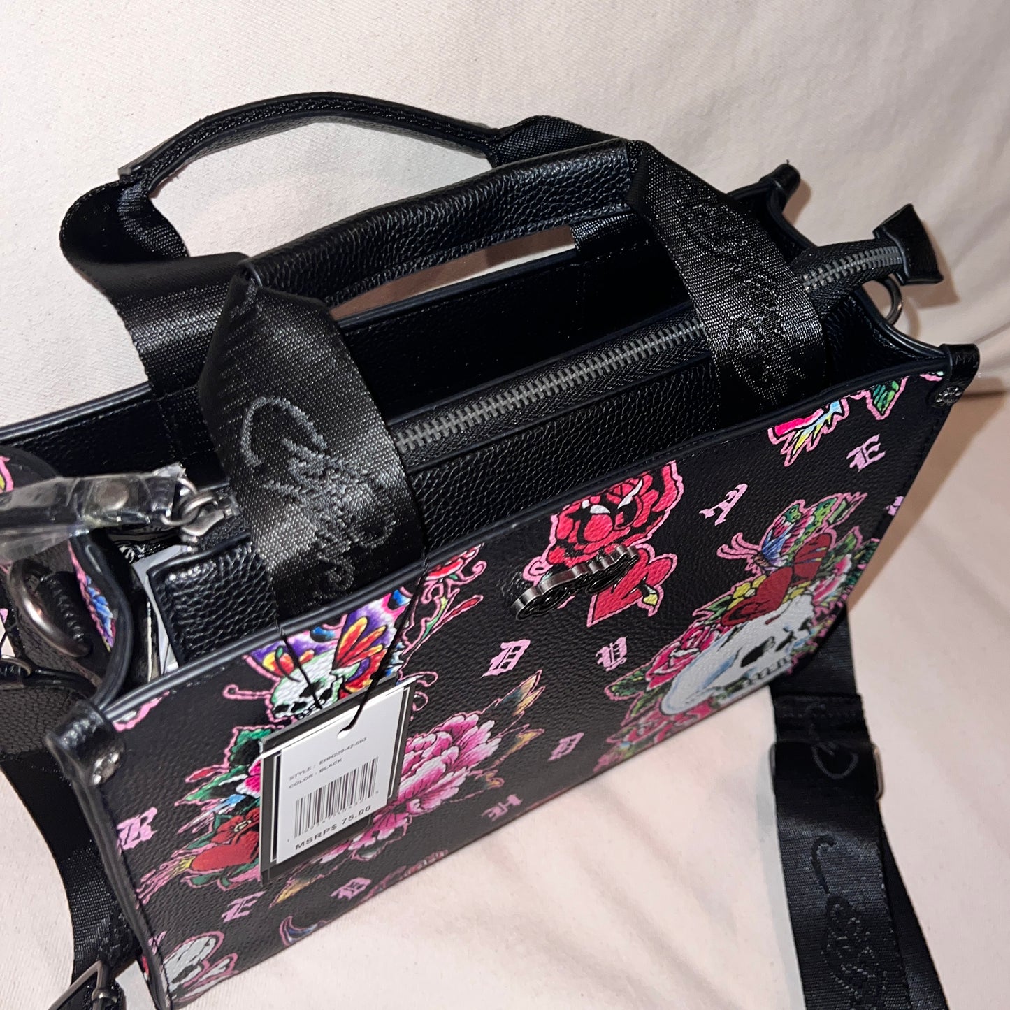 New Black Ed Hardy Crossbody Purse Bag Tattoo Y2K Heart Rose Skull MSRP $75