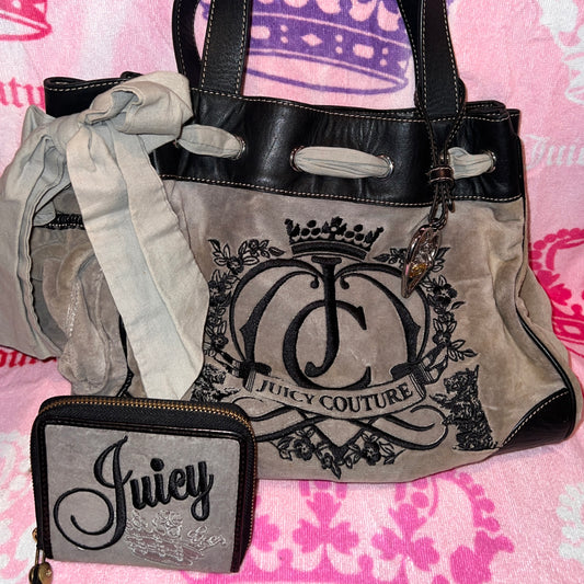 Vintage Grey Juicy Couture Purse Tote Bag Handbag + Wallet Y2K Velvet Daydreamer