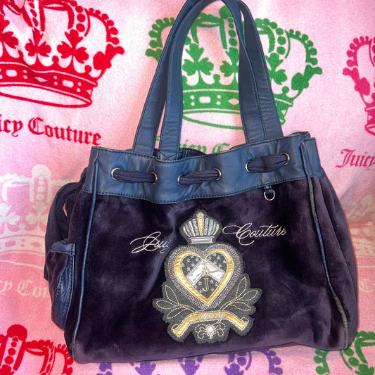 Vintage Dark Blue Black Juicy Couture Purse Tote Bag Handbag Velour Y2K