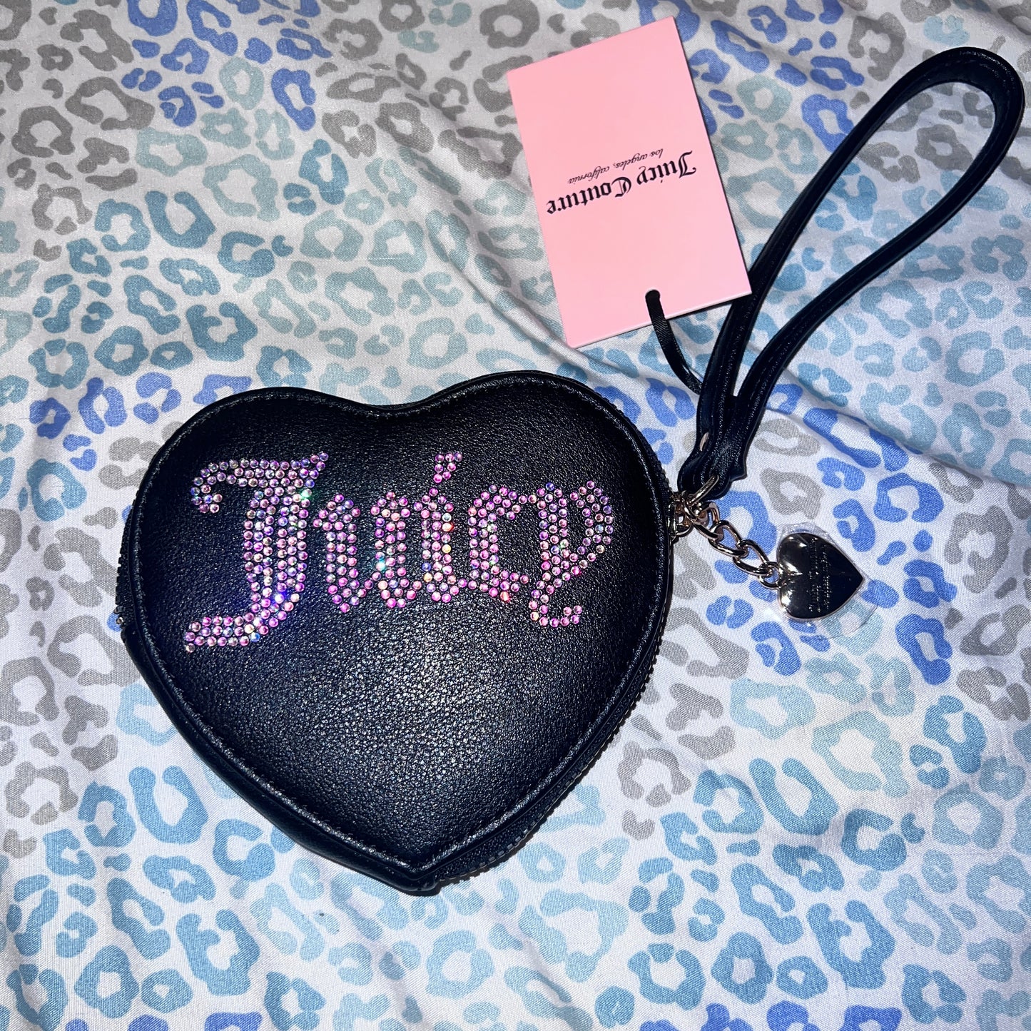 New Black Juicy Couture Wallet Wristlet Pouch Clutch Heart Zip Around Rhinestone