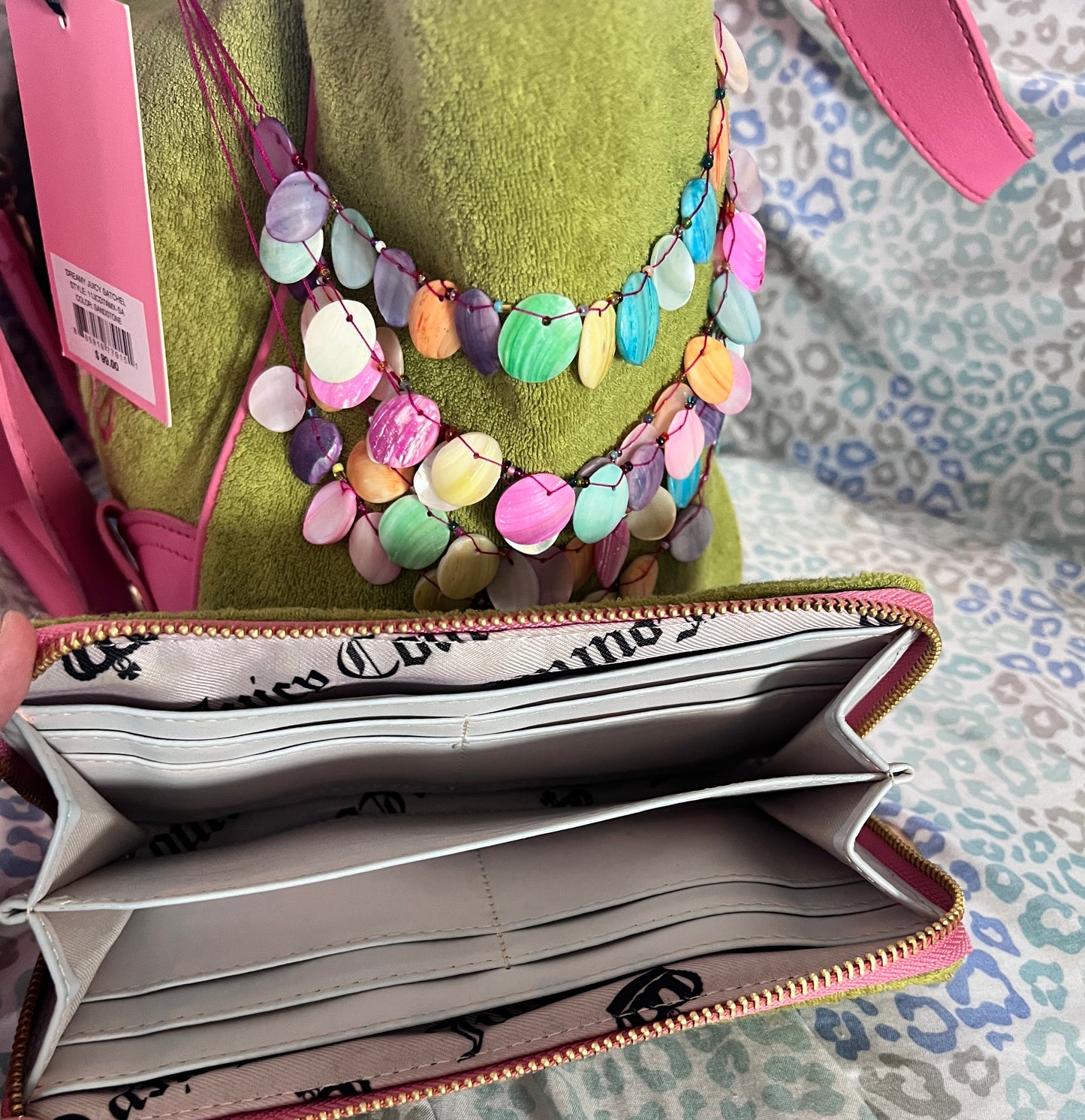 New Pink Green Juicy Couture Tote Bag + Wallet Custom Dyed Purse Vintage Style