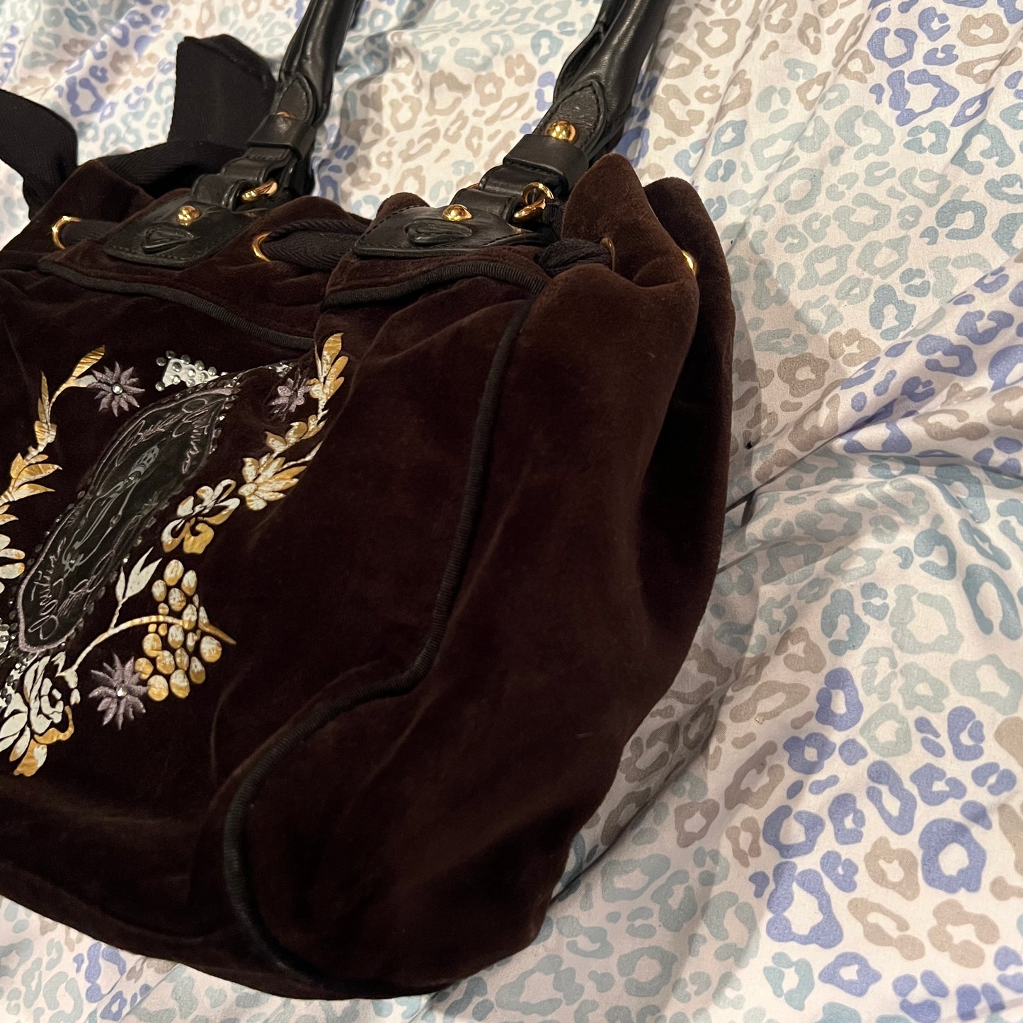 Vintage Black Juicy Couture Purse Velour Handbag Y2K Bag Floral Flower